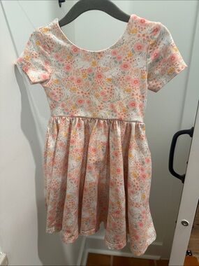 Girls Floral Pink Short-Sleeve Cotton Dress with bunny print and POCKETS